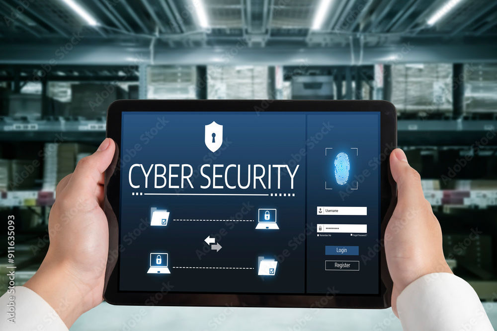 Poster cyber security system on computer screen protect private information snugly from hacker and cyber at