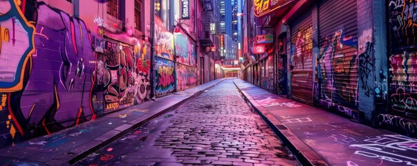 Naklejka premium Urban Wonderland: Graffiti Alley, 4K hyperrealistic photo