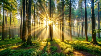 Fototapeta premium Sunbeams Through Forest Trees, Sunrise, Golden Light, Pine Forest, Woodland