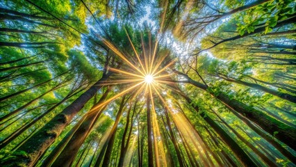 Sunbeams Through Forest Canopy, Low Angle View, Trees, Sunlight, Nature, forest, woodland