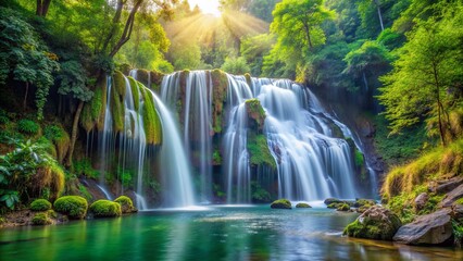 Fototapeta premium Sunbeams Through the Emerald Waterfall, Waterfall, Nature, Landscape, Forest ,