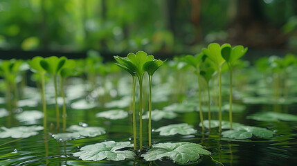 Close-up of vibrant green aquatic plants gracefully floating on water, creating a serene and tranquil natural setting with a blurred forest background.