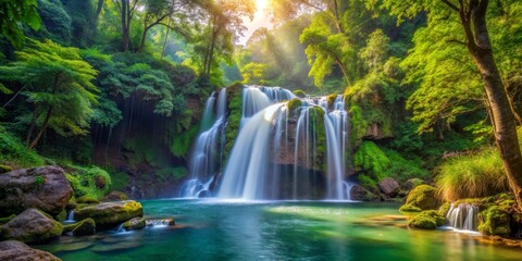 Obraz premium Sunlit Waterfall in Lush Forest, Waterfall, Forest, Nature, Landscape