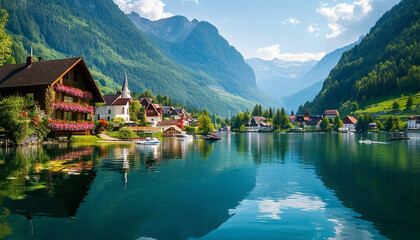 Naklejka premium A charming village nestled between majestic mountains and a serene lake features traditional wooden houses with colorful flower boxes, bathed in warm summer sunlight.