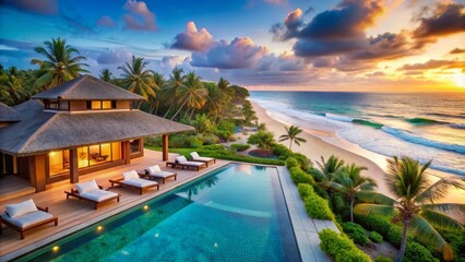 Fototapeta premium Tropical Sunset Villa with Infinity Pool, Beach, and Palm Trees, luxury resort, vacation, paradise, tropical