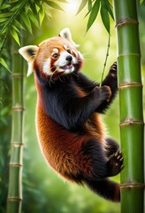 Fototapeta premium Charming Red Panda Climbing Bamboo: 