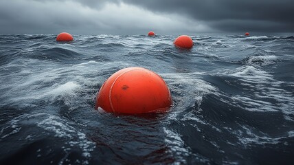 Floating orange buoys on a rough sea