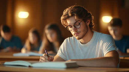 College student taking a test in a lecture hall, classmates in the background, study, academic, exam, education