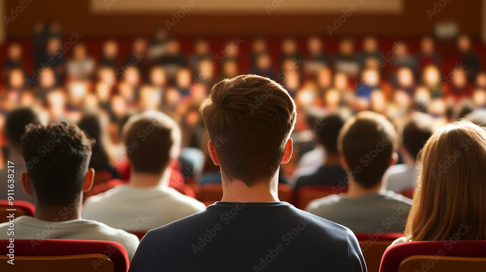 Poster back view of a large group of students attentively listening in a lecture hall, university, educatio