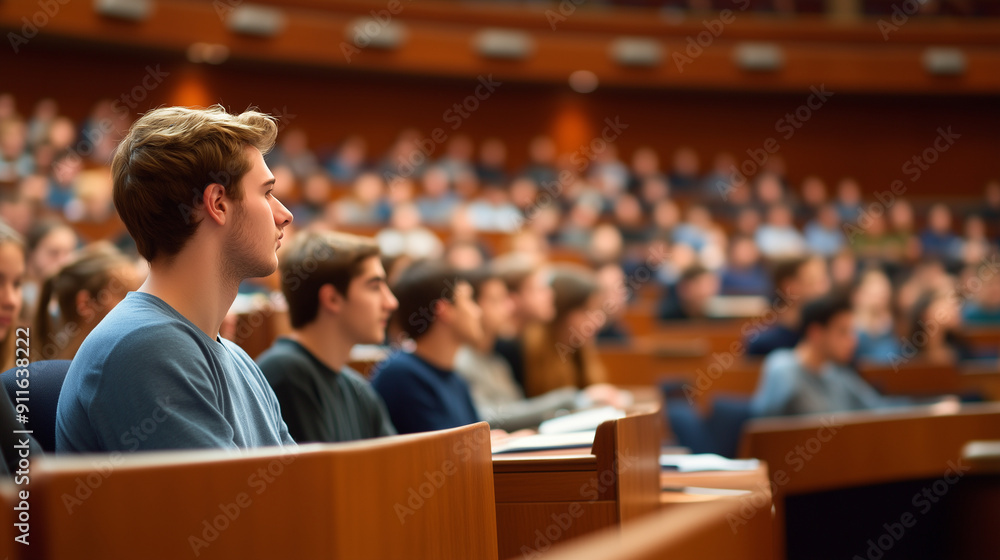 Poster back view of a large group of students attentively listening in a lecture hall, university, educatio