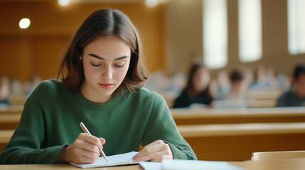 Female college student writing an exam in a lecture hall, focused, education, university, classroom, academic
