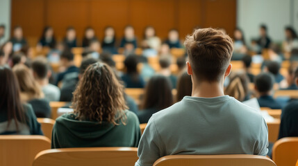 Large group of students focused on a class in a lecture hall, back view, academic, education, university, classroom