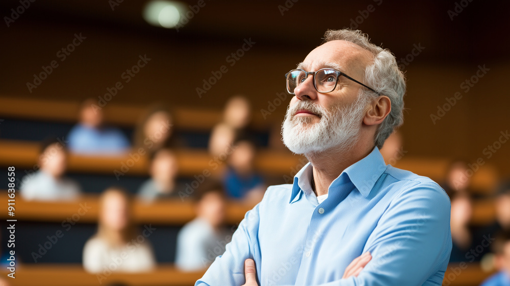 Poster profile view of a senior professor brainstorming during a lecture in an amphitheater, students in ba