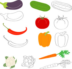 Vegetables flat cartoon vector illustration. Set for vegetarian salad - cucumber, tomato, pepper, eggplant, cauliflower and carrot. Children's coloring pages, black outline sketch.