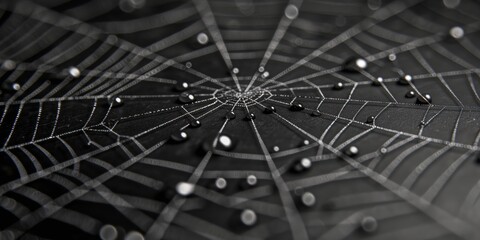 Obraz premium A close-up of a spider web adorned with water droplets, featuring a minimalist black background and intricate, clean lines