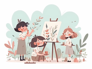 Three young girls, one African American and two Caucasian, enjoy painting together in a vibrant garden setting.