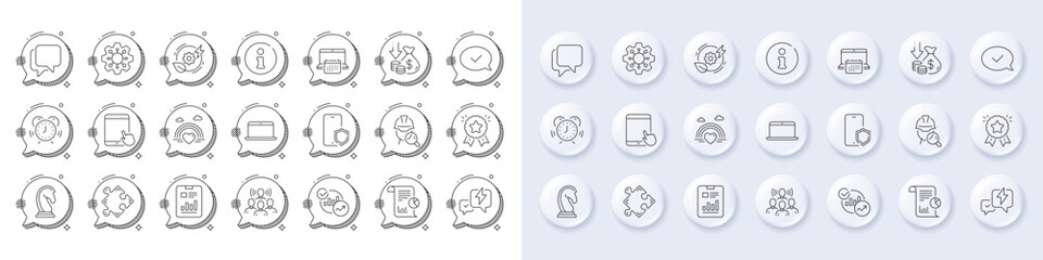 Talk bubble, Info and Statistics line icons. White pin 3d buttons, chat bubbles icons. Pack of Phone protect, Marketing strategy, Green energy icon. Vector