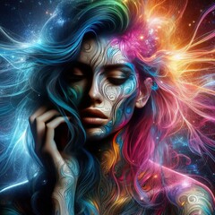Capture the powerful image of a woman glowing with inner and outer light, her colorful hair symbolizing emotional and mental health. She listens to music, reflecting her journey as a migrant.
