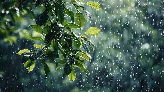 fresh green leaves that are being pelted by a heavy downpour