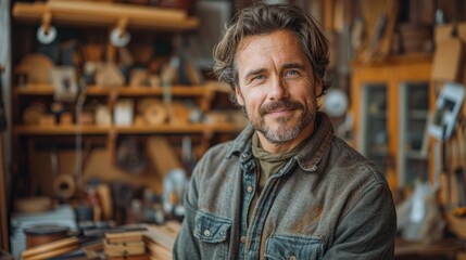 Obraz premium Smiling Carpenter in Workshop