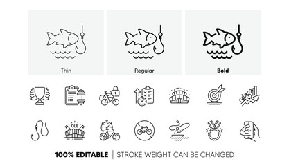 Training results, Target goal and Bike timer line icons. Pack of Fishing, Sports arena, Honor icon. Arena stadium, Dumbbell, Bicycle lockers pictogram. Boat fishing, Timer, Bicycle prohibited. Vector