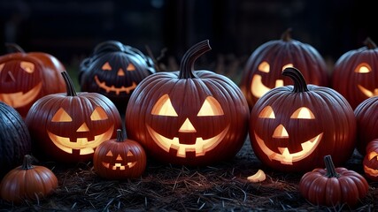 Fototapeta premium Halloween pumpkin lanterns and autumn leaves on wooden floor.