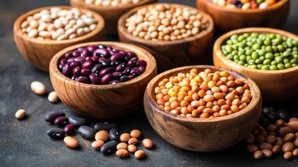 Fototapeta premium Variety of legumes and beans in wooden bowls, plantbased protein sources, nutrition