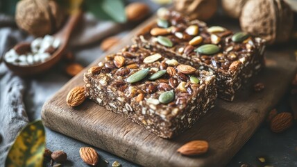 Vegan protein bars made with nuts and seeds on a rustic board, plantbased snack, health and wellness