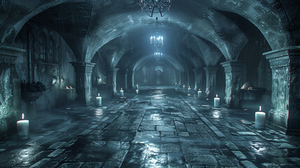 Dimly lit, ancient stone hallway with row of candles, supported by gothic arches, exuding a mysterious and eerie atmosphere.