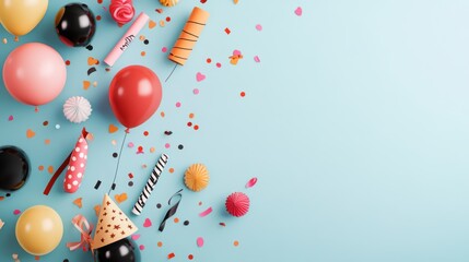 A whimsical illustration of party decorations, including balloons, confetti, and streamers, with the text Happy New Year written in a playful font.