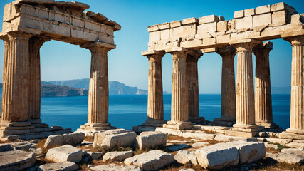 Fototapeta premium A nostalgic scene featuring a beautifully ancient Greek temple overlooking a serene blue sea