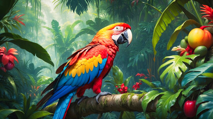 A vibrantly colored macaw bird among colorful fruits