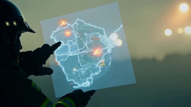 A firefighter examines a digital map, focusing on critical areas during a wildfire incident in California