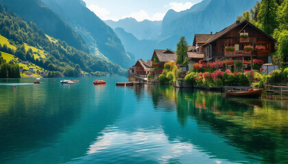 Naklejka premium A charming village nestled between majestic mountains and a serene lake features traditional wooden houses with colorful flower boxes, bathed in warm summer sunlight.