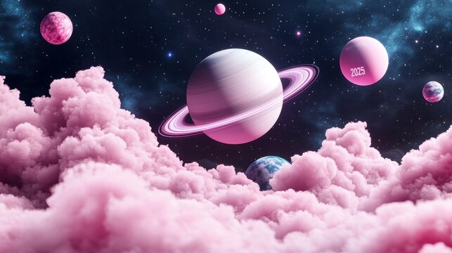 2025 floating amongst stars and planets creating a surreal and cosmic atmosphere.