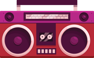 Fototapeta premium Red and purple boombox playing music with radio tuner and speakers, isolated on white background