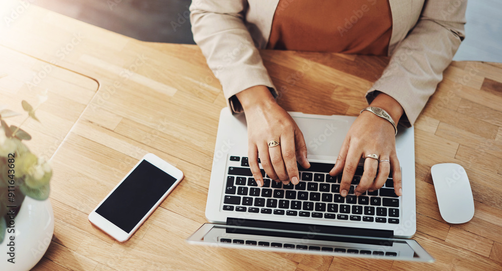 Poster above, hands and business with woman, laptop and keyboard with research review. closeup, person and 