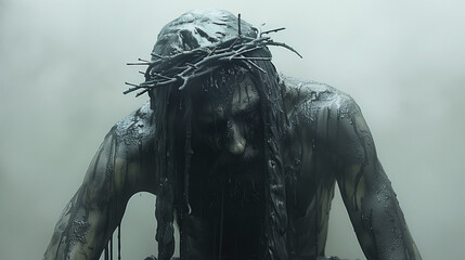 A male figure covered in black paint, wearing a crown of thorns, depicted in a surreal and somber artistic setting.