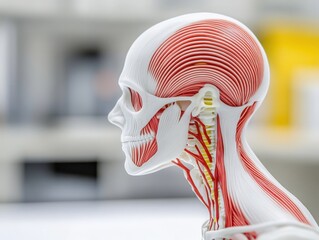 Detailed anatomical model showcases human head musculature and nerves in laboratory setting