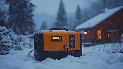 Portable generator in snowy landscape with cabin