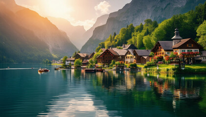 Obraz premium A charming village nestled between majestic mountains and a serene lake features traditional wooden houses with colorful flower boxes, bathed in warm summer sunlight.