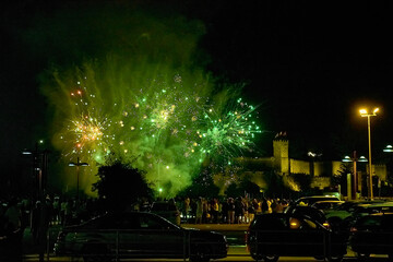 Fireworks Display at Fiesta de la Anunciada in Bayona with Parador Backdrop