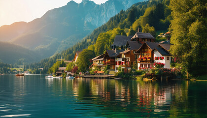 Fototapeta premium A charming village nestled between majestic mountains and a serene lake features traditional wooden houses with colorful flower boxes, bathed in warm summer sunlight.