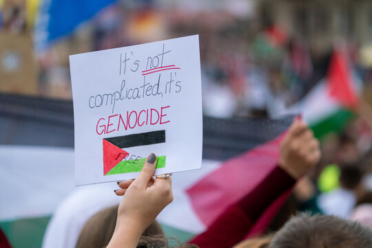 An anonymous crowd holding Palestinian flags