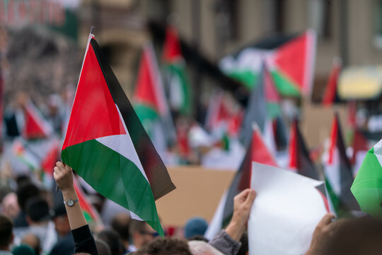 An anonymous crowd holding Palestinian flags