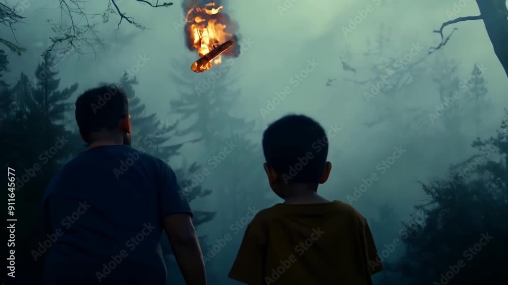 Poster two figures observe the fog enveloping the trees during twilight