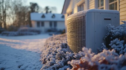 Snow covered heat pump outside suburban home during winter