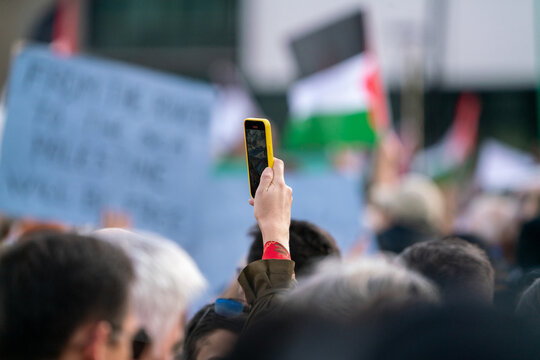 An anonymous crowd holding Palestinian flags