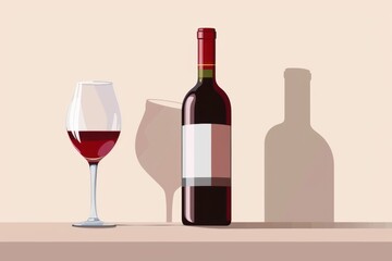 Minimalist flat illustration of a wine bottle and glass on a white background with simple shapes and clean lines in a minimalist, flat design Generative AI