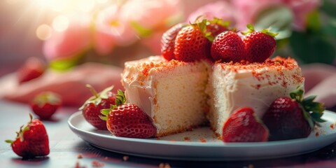 Angel food cake slice with fresh strawberries in patriotic colors